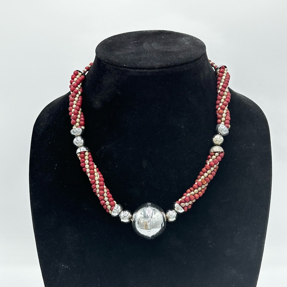 Vintage 60s Indian twist red and metal beaded Kumihimo Necklace 20in